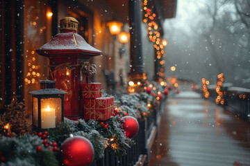 Red lantern adorned with Christmas decorations.