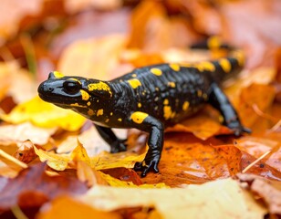 Obraz premium Salamander on autumn leaves