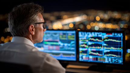 Close-up of dual-screen desk setup showing intricate trading interface with live market updates, while businessman in glasses reviews historical performance charts