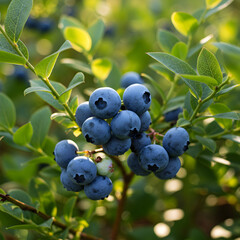 Fototapeta premium Ripe Blueberries on the Bush: A Close-Up View of Nature's Sweetness