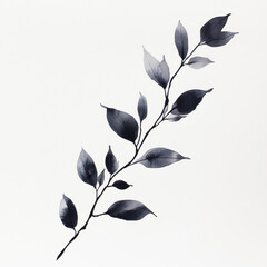 Monochrome Branch with Delicate Leaves Watercolor Painting