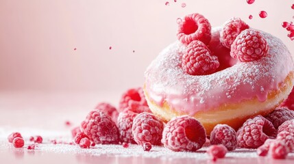 Savor the delightful taste of a raspberry donut adorned with fresh raspberries, surrounded by sweetness and joy, perfect for satisfying your dessert cravings.