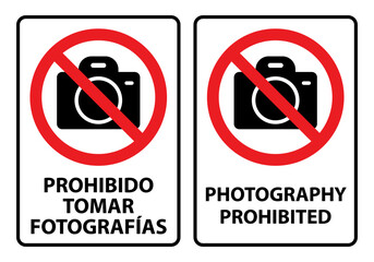 Letrero prohibido tomar fotografias y photography prohibited in vector format
