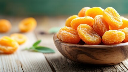 A beautiful display of dried apricots artistically arranged in a wooden bowl on a rustic table, representing healthy snacking options and the natural sweetness of dried fruits.