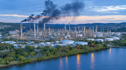 Fototapeta premium Aerial view of industrial complex by river, black smoke trails reflect on water surface, creating a mirror of pollution