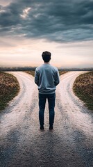 Rear View of Man at Road Fork Under Moody Sky Symbolizing Life Decisions and Directions