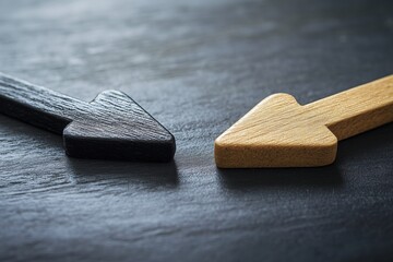 Black and Brown Wooden Arrows Facing Each Other on Dark Textured Surface with Copy Space