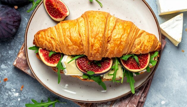 Fresh croissant sandwich with brie cheese arugula and figs. Delicious breakfast