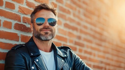 A stylish man sporting sunglasses and a leather jacket leans against a brick wall, exuding an air of confidence and charisma, embodying urban cool and modern fashion.