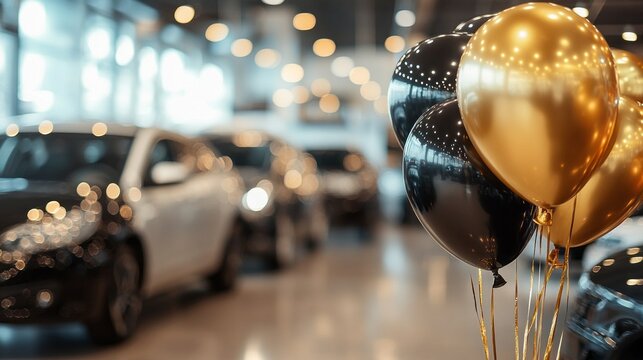 Car dealership celebration showcasing golden and black balloons among sleek vehicles during a festive event