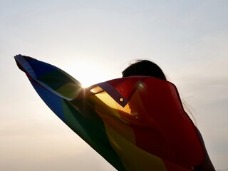 Rainbow flag of an LGBT organization waving against a blue sky. LGBT pride flags include lesbians,...