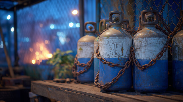 Group of oxygen tanks secured with industrial chains in warehouse corner, moody lighting emphasizes durability and importance