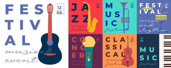 Square banners and posters for jazz and classical music concerts. Flat vector set with instruments, abstract shapes, and festive design. Ideal for festivals, club events, and conservatory promotions.