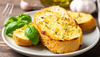roasted garlic Bread with cheese and basil on a plate. rustic table