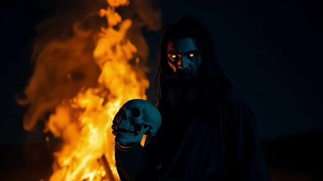 Mystic Aghori at Burning Pyre - 4K Cinematic Scene of Spiritual Power with Skull and Ethereal Smoke