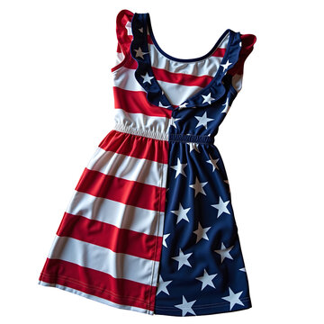 Patriotic dress with red and white stripes and blue with white stars, festive and bright