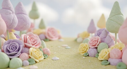 Enchanted Pastel Rose Garden A Whimsical 3D Render of a Candy-like Landscape