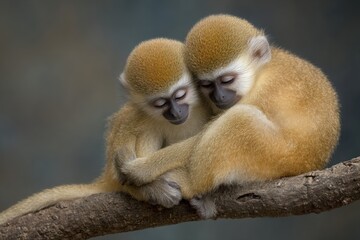 Fototapeta premium Adorable Monkeys Cuddling on a Tree Branch in Nature Setting
