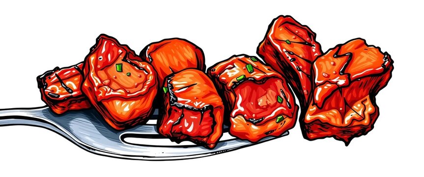 Hand-drawn vector illustration of barbecued meat pieces on a fork,  outdoor,  fork