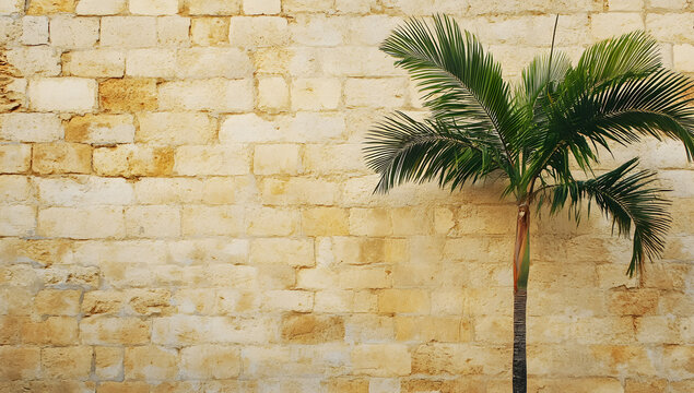 Palm tree alongside a brown stone cement wall texture background in street scene
