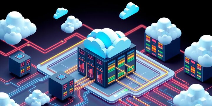 Isometric illustration of cloud servers processing massive data streams, connected to a cloud database, data flow, infrastructure