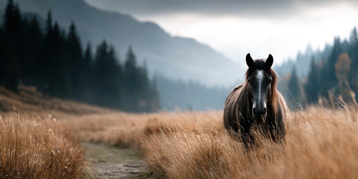 Majestic black horse standing in golden grass field under cloudy sky in mountainous landscape