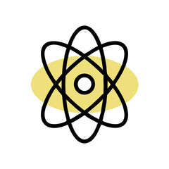 Atomic symbol illustration with circular orbits on a yellow background  