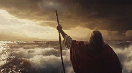Dramatic Biblical Scene Featuring Moses Parting the Red Sea at Sunset