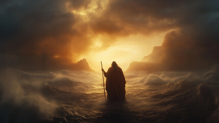 Biblical Scene Depicting Moses Parting the Red Sea at Sunset