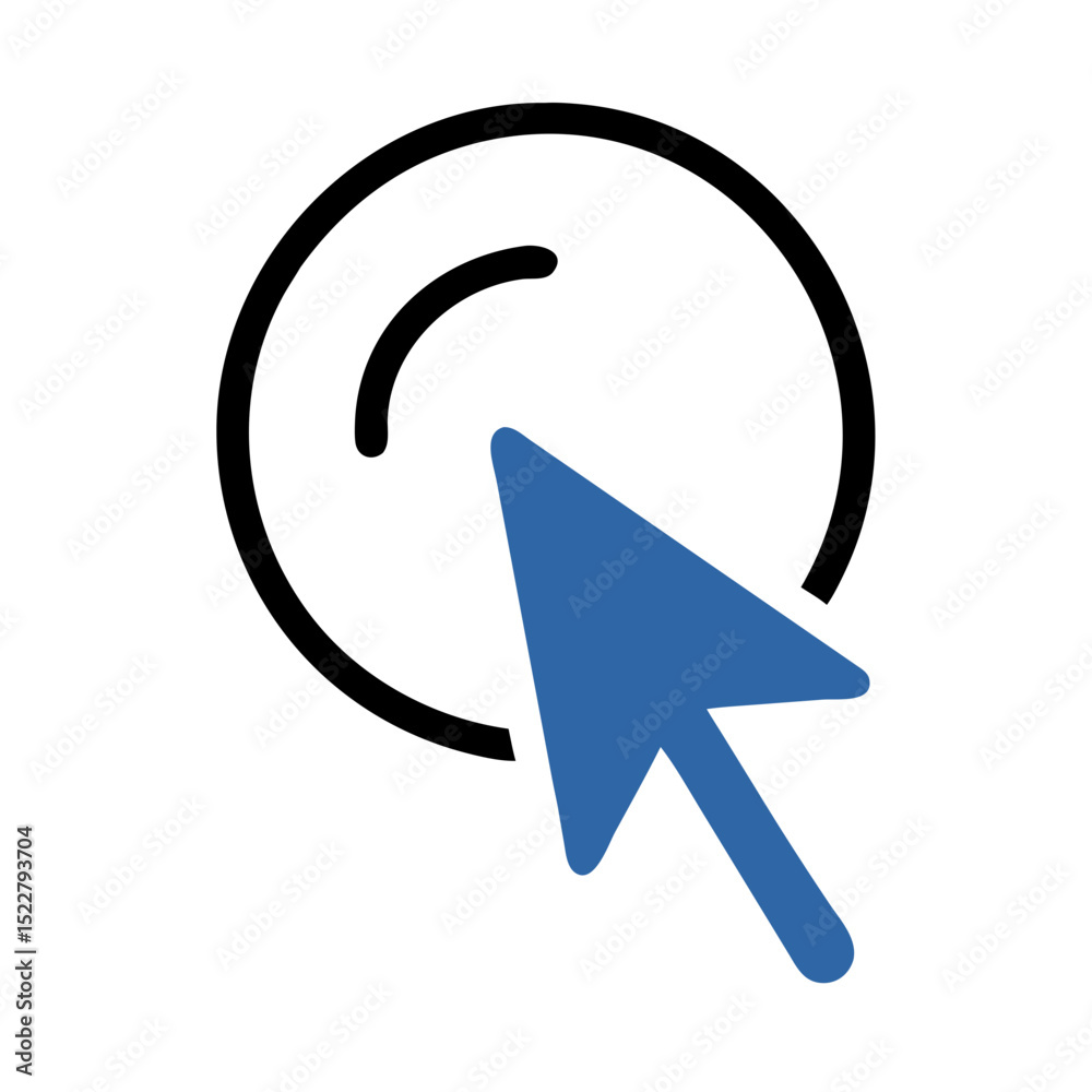 Poster cursor icon with blue arrow pointing at circular button