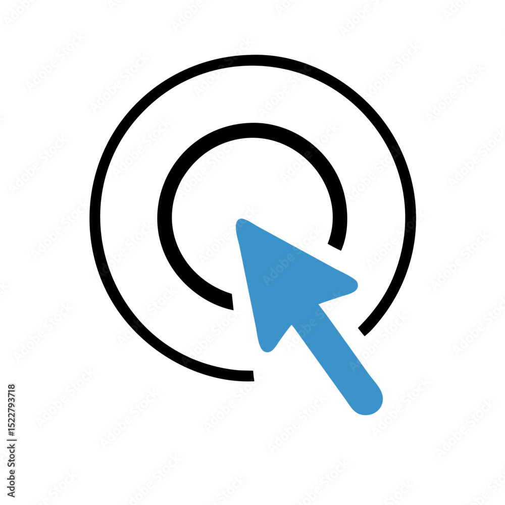 Poster computer cursor icon with blue arrow in circular target shape