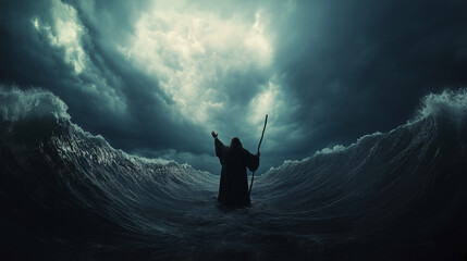Dramatic Scene Depicting Moses Parting the Sea Under Stormy Skies