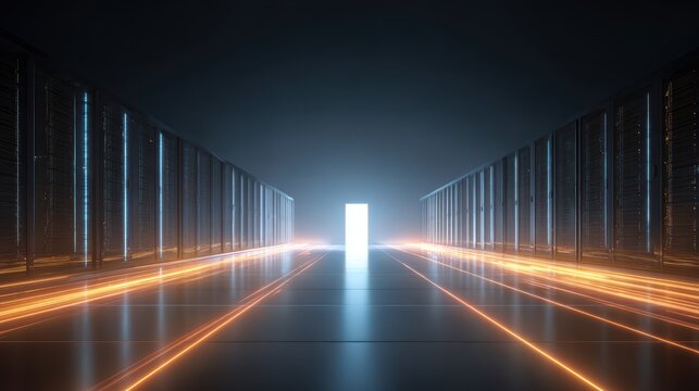 Illuminated server room with glowing data streams