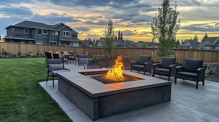 Modern outdoor patio with fire pit and seating area at sunset.
