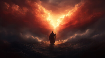 Biblical Scene of Moses Parting the Sea Amidst Dramatic Sunset Skies