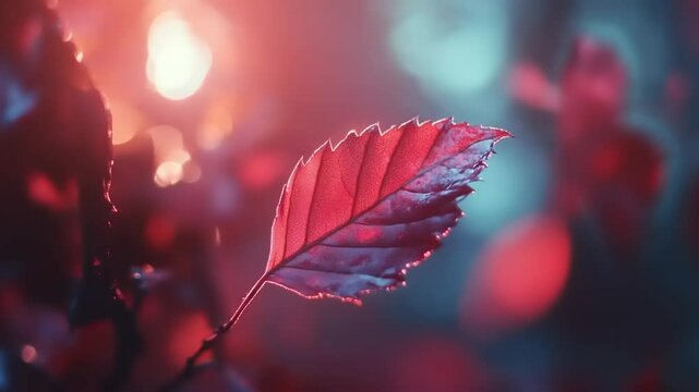 Close-up of a vibrant red leaf glistening with dew in a dreamy, softly lit forest background