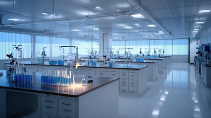 Obraz premium A spacious biochemistry lab features several clean workstations equipped with glassware and scientific instruments. Natural light floods the room, enhancing the sterile environment Generative AI
