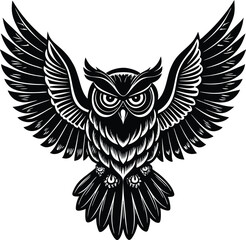 Obraz premium Black and White Flying Owl Illustration, Majestic Owl with Wings Spread, Detailed Owl Vector, Night Bird Design