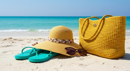 Summer Beach Essentials: Straw Hat, Sunglasses, Flip-Flops, and Yellow Beach Bag on Sandy Shore