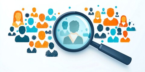Magnifying glass over diverse group. Targeting ideal candidate.