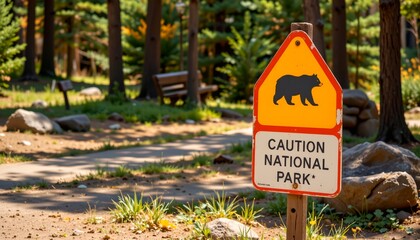 wild animal caution sign with bear icon in national park setting, natural environment, no letters