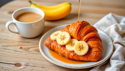 almond croissant topped with sliced bananas and maple syrup, placed beside a coffee cup, editorial style