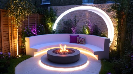 Modern outdoor patio area with fire pit and seating.