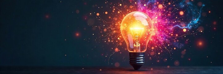 A lightbulb explodes with vibrant, interconnected ideas, representing the burst of creative energy and innovative thinking that fuels groundbreaking concepts , research, problem-solving, lightbulb