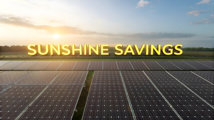 3D 'sunshine savings' with yellow glowing text over an eco-friendly solar array background.


