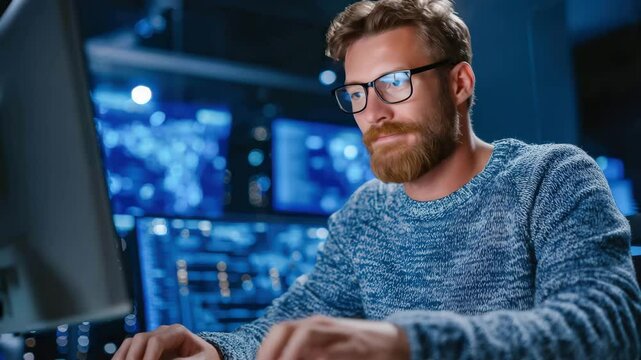 A focused man with glasses works at a computer in a modern, high-tech office filled with multiple monitors and digital displays.
