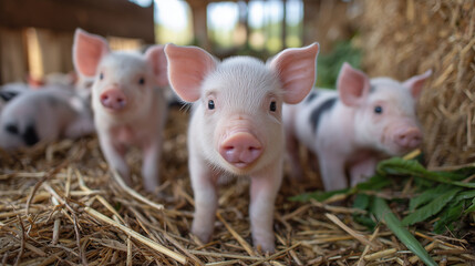 Young hogs in various poses, some sitting, some standing, all looking toward the lens with curiosity, their smooth pink skin gleaming in the sunlight, surrounded by straw and natur