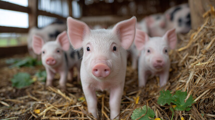 Young hogs in various poses, some sitting, some standing, all looking toward the lens with curiosity, their smooth pink skin gleaming in the sunlight, surrounded by straw and natur