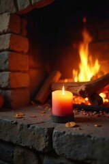 Cozy hearth candle burning brightly, casting a warm glow on a rustic stone fireplace Perfect for autumn, winter, and creating a relaxing ambiance at home , scent, stillness