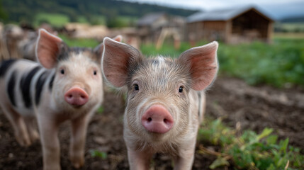 Group of juvenile swine on a farm pasture, foregrounded with detail-rich snouts and soft eyes, fields and barns blurring softly in the depth of field, capturing the essence of agri